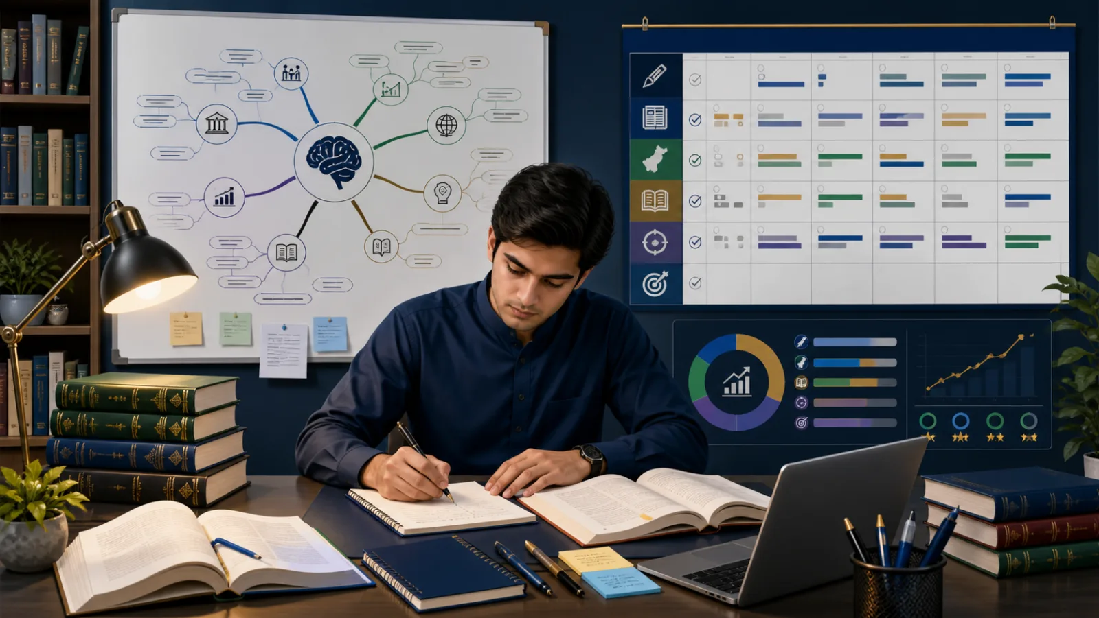 Pakistani CSS candidate organising compulsory subjects, optional papers and an answer-writing calendar