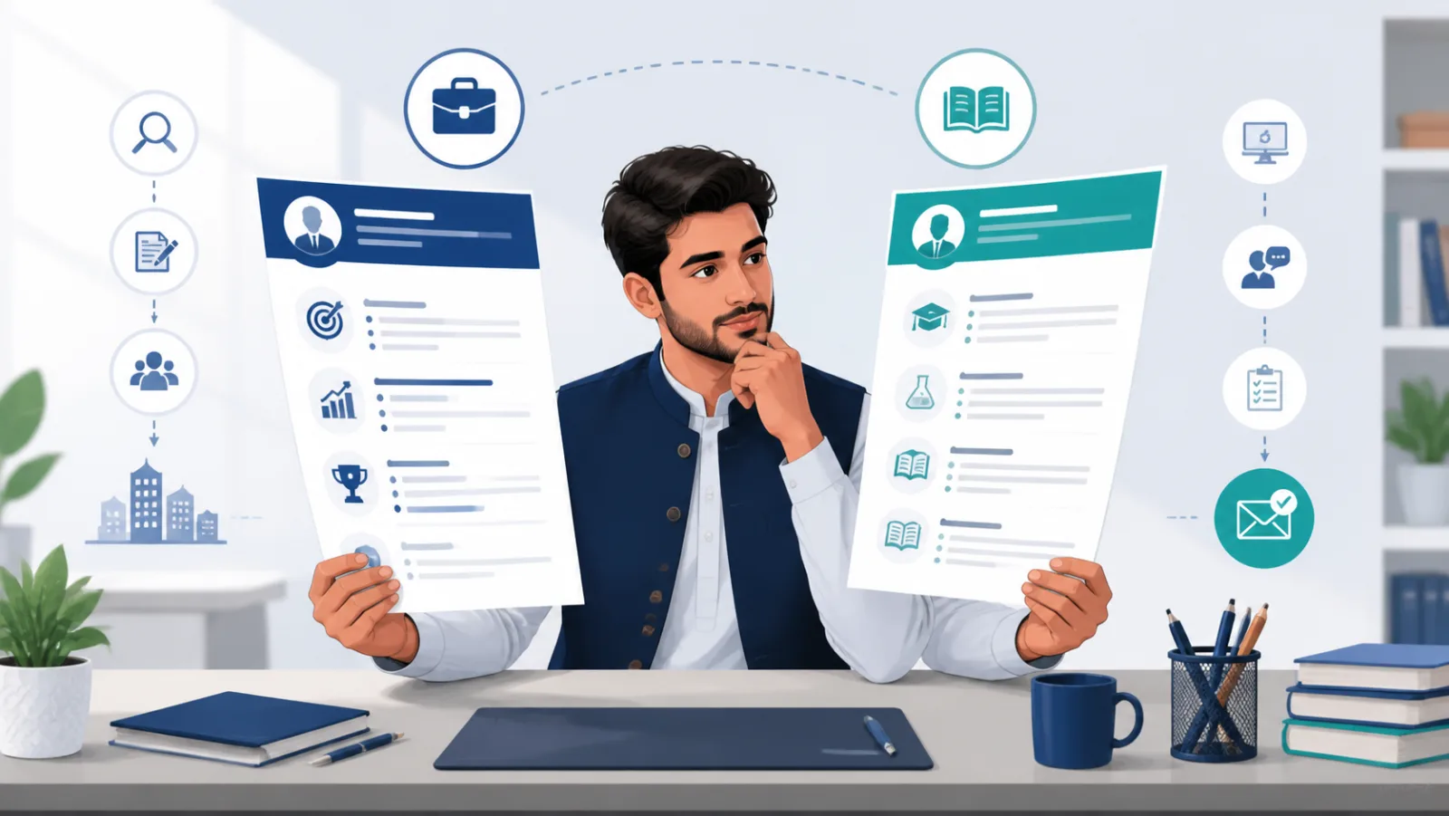 Pakistani applicant comparing a concise professional CV with a detailed academic resume